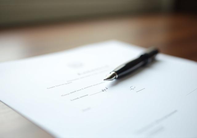 Close up of a signed commercial contract on a wooden table