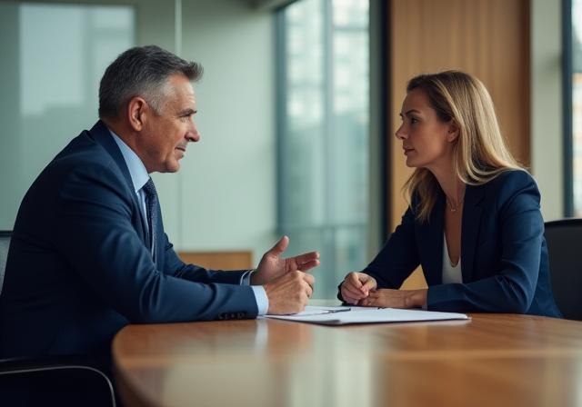 Two professionals in a modern boardroom engaged in a high-level commercial negotiation